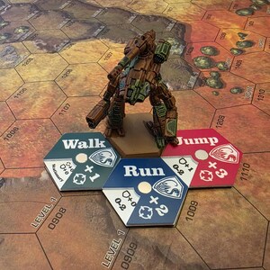 Puede incluir: Una figura de robot en miniatura de color verde, marr&oacute;n y gris con una gran pistola. La figura est&aacute; de pie sobre una base marr&oacute;n. Tres piezas de juego hexagonales est&aacute;n delante de la figura. Las piezas son azules, verdes y rojas. La pieza azul dice "Run" y tiene un signo m&aacute;s con el n&uacute;mero 2. La pieza verde dice "Walk" y tiene un signo m&aacute;s con el n&uacute;mero 1. La pieza roja dice "Jump" y tiene un signo m&aacute;s con el n&uacute;mero 3.