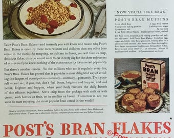 1929 Post's Bran Flakes Print Ad - Breakfast Cereal - Post's Bran Muffins - Vintage Food Ad