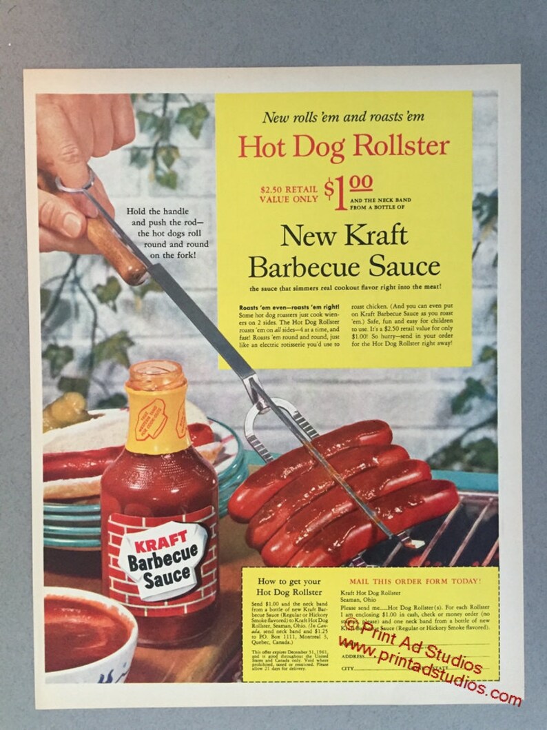 1961 Kraft Barbecue Sauce Print Ad Hot Dog Rollster BBQ | Etsy