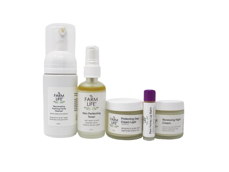 May include: A set of five skincare products from The Farm Life brand. The set includes a foaming facial cleanser, a skin perfecting toner, a protecting day cream light, a renewing night cream, and a raw honey lip balm.