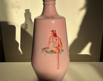 Retro Pink Decorative Bottle with Vintage Pin-Up Girl - Unique Home Decor Accent - Mid-Century