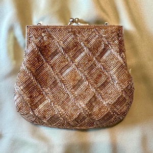 Vintage Beaded Purse, Gold Handcrafted Clutch, Retro Chain Bag, Elegant Evening Bag, Handmade