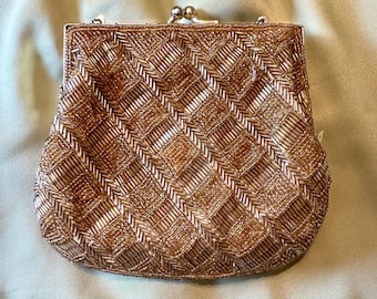 Vintage Beaded Purse, Gold Handcrafted Clutch, Retro Chain Bag, Elegant Evening Bag, Handmade
