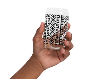 Bògòlanfini/Mud Cloth Inspired Print, Black, Can-Shaped Glass, 16oz