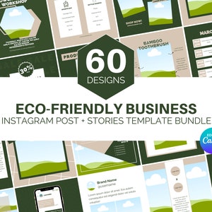 Puede incluir: Una colección de 60 plantillas de publicaciones e historias de Instagram para empresas ecológicas. Las plantillas presentan una combinación de colores verde y marrón con ilustraciones de colinas, nubes y cuadros de texto. El texto "ECO-FRIENDLY BUSINESS" se muestra en letras grandes y negritas. El texto "INSTAGRAM POST + STORIES TEMPLATE BUNDLE" se muestra en letras más pequeñas debajo. El texto "EDIT IN Canva" se muestra en un cuadro morado en la esquina inferior derecha.