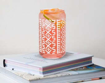 Bògòlanfini/Mud Cloth Inspired Print, White, Can-Shaped Glass, 16oz
