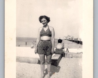 2 Piece Swimsuit Woman 1940s Snapshot Photograph St Petersburg Beach Fl