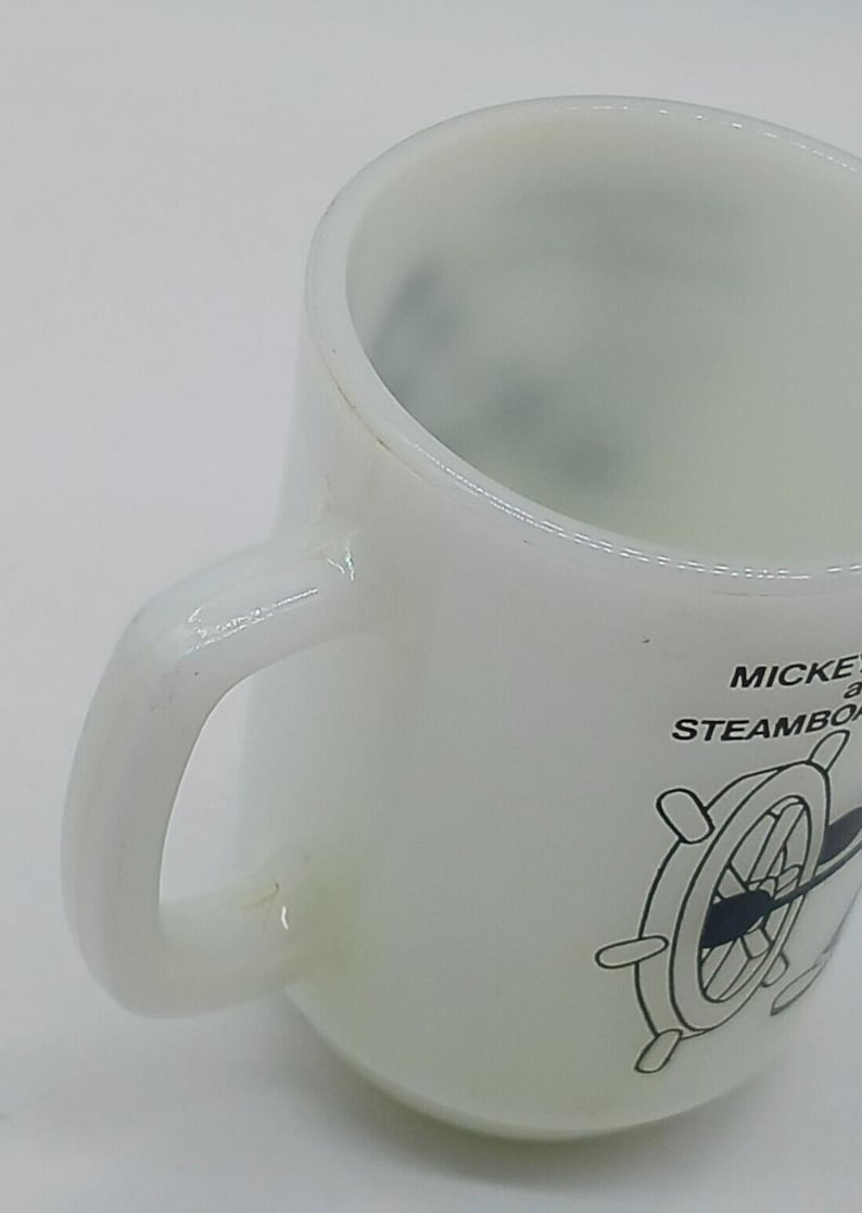 Taza de cristal con leche Anchor Hocking, 1980, de época, Mickey Mouse como Steamboat Willie, 1928 imagen 7