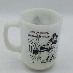 Taza de cristal con leche Anchor Hocking, 1980, de época, Mickey Mouse como Steamboat Willie, 1928 imagen 5