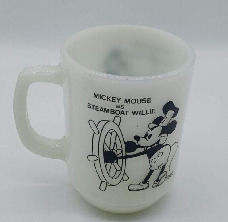 Taza de cristal con leche Anchor Hocking, 1980, de época, Mickey Mouse como Steamboat Willie, 1928 imagen 5