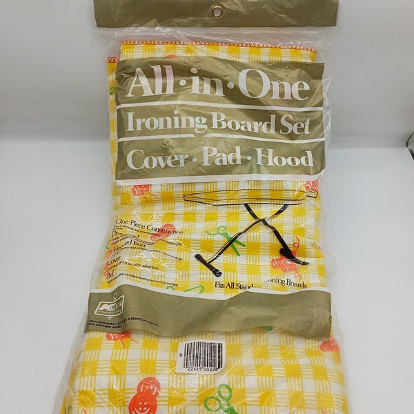 Vintage All In One Ironing Board Cover Pad, Yellow with Buttons Thread Needles Sewing Design, Retro