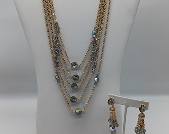 Lovely Coro Aurora Borealis Necklace & Clip On Earrings Set Glass Bead Gold Tone