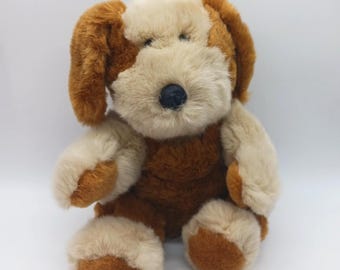 9" Vintage Puppy Dog Fur Overalls Tan Brown D & L Imports Stuffed Animal Toy