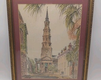 Impresión artística de la iglesia de San Felipe de Julia Homer Wilson, Dock Street, Charleston, Carolina del Sur, con marco