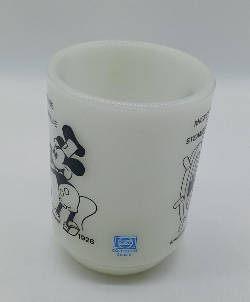 Taza de cristal con leche Anchor Hocking, 1980, de época, Mickey Mouse como Steamboat Willie, 1928 imagen 4