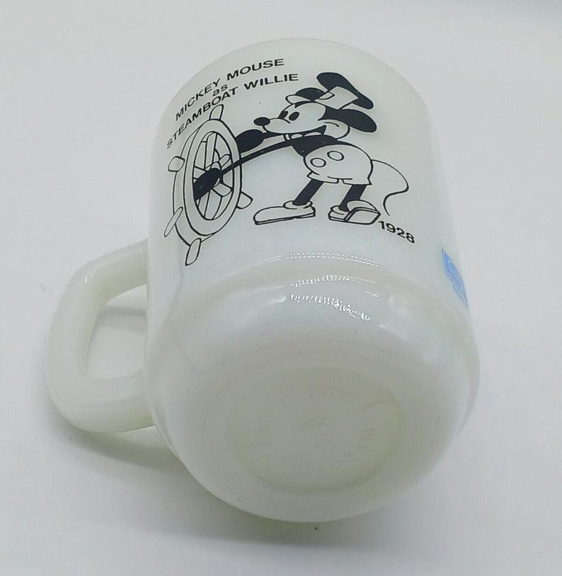Taza de cristal con leche Anchor Hocking, 1980, de época, Mickey Mouse como Steamboat Willie, 1928 imagen 10