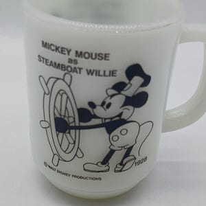 Taza de cristal con leche Anchor Hocking, 1980, de época, Mickey Mouse como Steamboat Willie, 1928 imagen 2