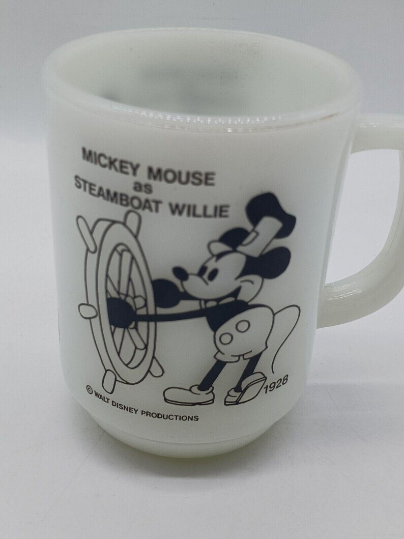 Taza de cristal con leche Anchor Hocking, 1980, de época, Mickey Mouse como Steamboat Willie, 1928 imagen 2