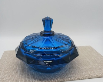 Vintage Viking Glass Bluenique Trinket Box Candy Dish with Faceted Lid MCM