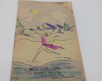 Campamento de Moss Lake de 1945 para niñas, recital de baile, programa hecho a mano, Helmy Sinirnova, NY