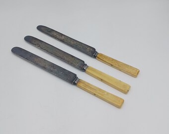 Antique Set of 3 Lamson & Goodnow Kitchen Dinner Knives Bone Handle, Silverplate As Is, Victorian Tableware Flatware