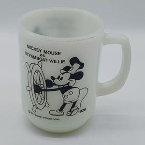 Taza de cristal con leche Anchor Hocking, 1980, de época, Mickey Mouse como Steamboat Willie, 1928 imagen 1
