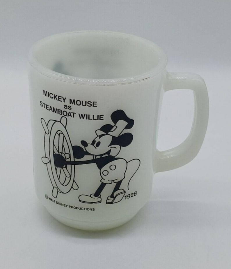 Taza de cristal con leche Anchor Hocking, 1980, de época, Mickey Mouse como Steamboat Willie, 1928 imagen 1