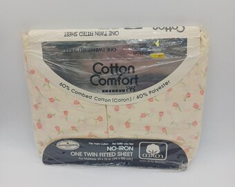 VTG Cotton Comfort by Bibb Twin Fitted Sheet No Iron Floral Tulips Cream Durham