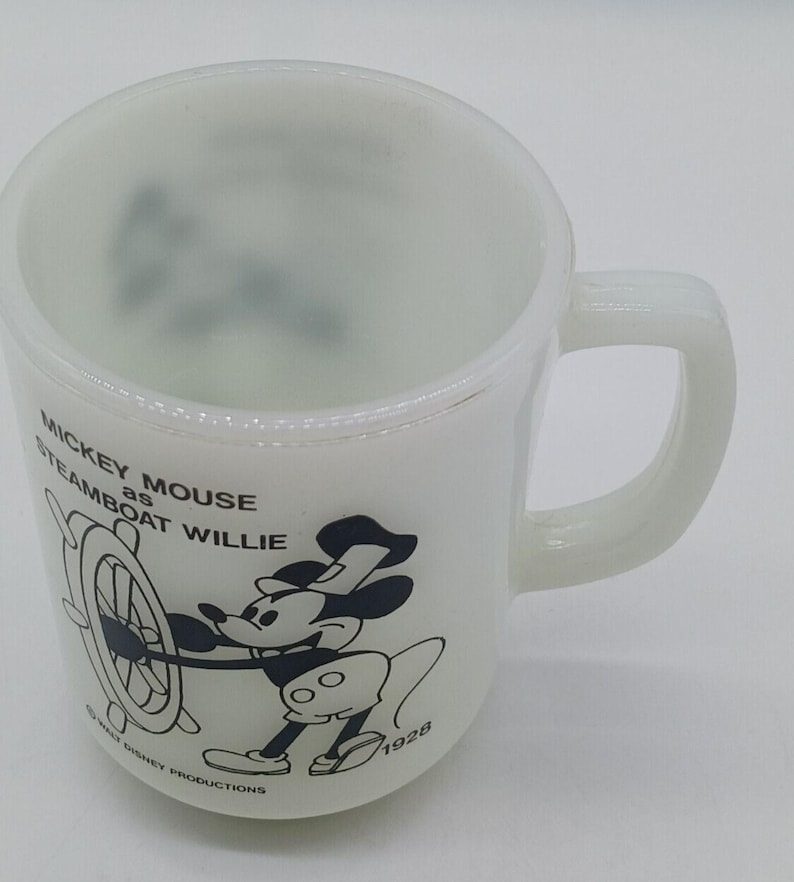 Taza de cristal con leche Anchor Hocking, 1980, de época, Mickey Mouse como Steamboat Willie, 1928 imagen 3