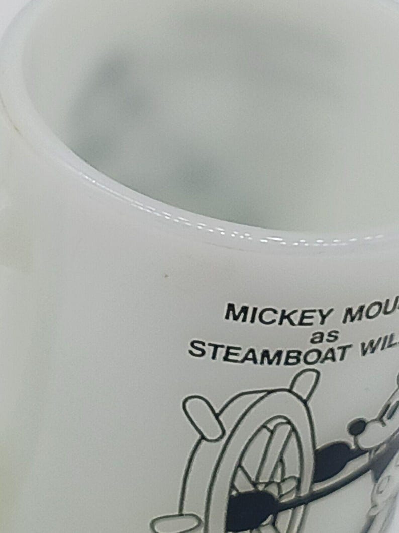 Taza de cristal con leche Anchor Hocking, 1980, de época, Mickey Mouse como Steamboat Willie, 1928 imagen 6