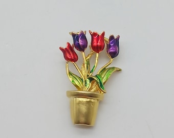 Vintage Gold Tone Enamel Tulip Flower Pot Brooch Pin Red Purple Spring Floral