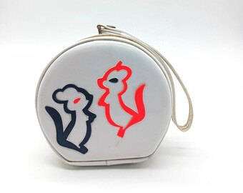 1960s Vintage Girls Purse Handbag Childs Case Round Vinyl Squirrel Skunk MCM