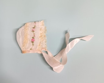 Vintage Vogue Dolls Ginny Doll Sheer Bonnet Embroidered Pink Roses Lace Hat