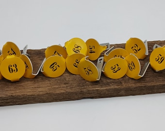 Vintage Round Numbered Tag, Numbers 51 - 75 Available, Metal Aluminum, Mustard Yellowish Orange, Cattle Cow Livestock Marker, Industrial