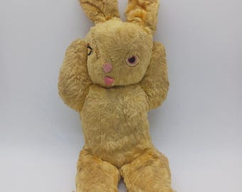 Vtg Plush Bunny Rabbit Stuffed Animal Yellow Pink Felt Face Antique Toy TLC