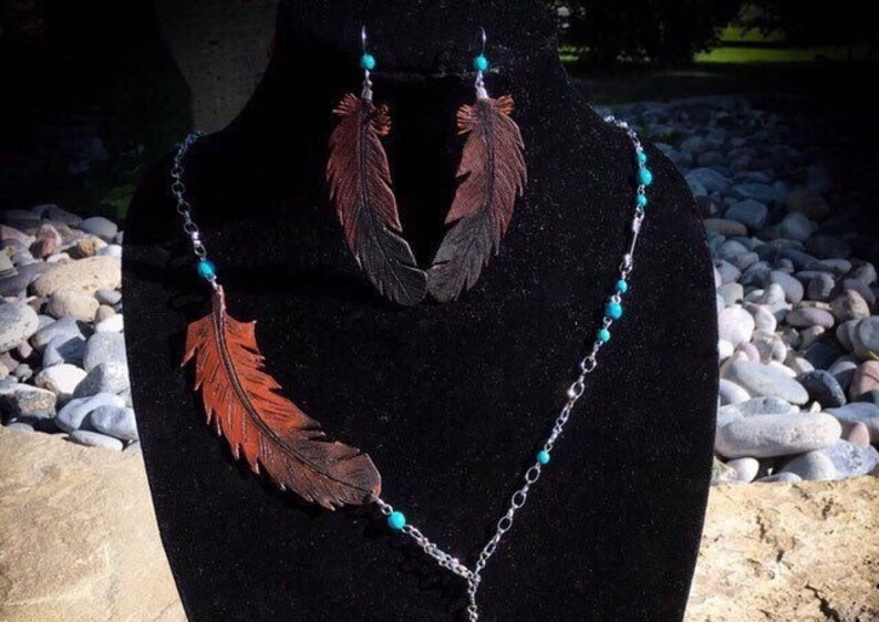 Carved Leather Feather jewelry set