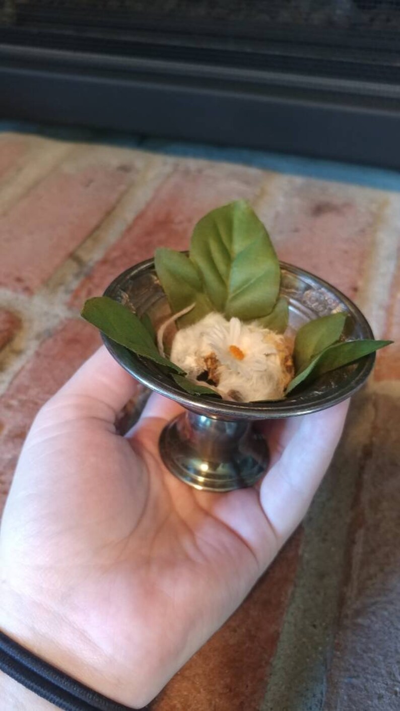 Dried feeder mouse in metal stand with faux leaves and flower