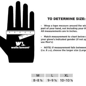 May include: A black and white illustration of a hand with a tape measure around the widest part of the hand, excluding the thumb. The image shows how to measure your hand to determine the correct size for gloves. The text reads "TO DETERMINE SIZE:" and includes instructions for measuring your hand and matching the measurement to a size chart. The size chart shows three sizes: M (8-8 1/2 inches), L (9-9 1/2 inches), and XL (10-10 1/2 inches).
