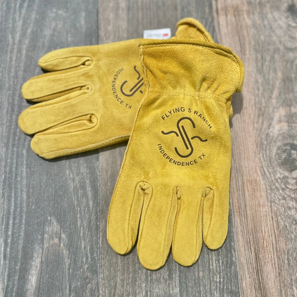 Custom Ranch Insulated Split Cowhide Leather Work Gloves, Cattle Brand Lined Winter Gloves
