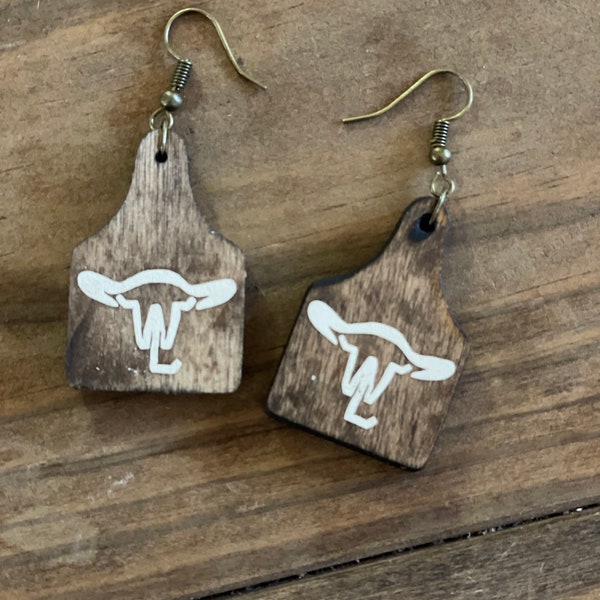 Custom Cattle Brand Earrings, Wood  Western Cow Tag Earrings, Cowgirl Livestock Brand Jewelry, Punchy Mothers Day Gift