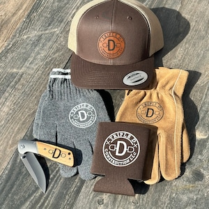Custom Western Gift Set: Laser Engraved Trucker Hat, Work Gloves & Pocket Knife