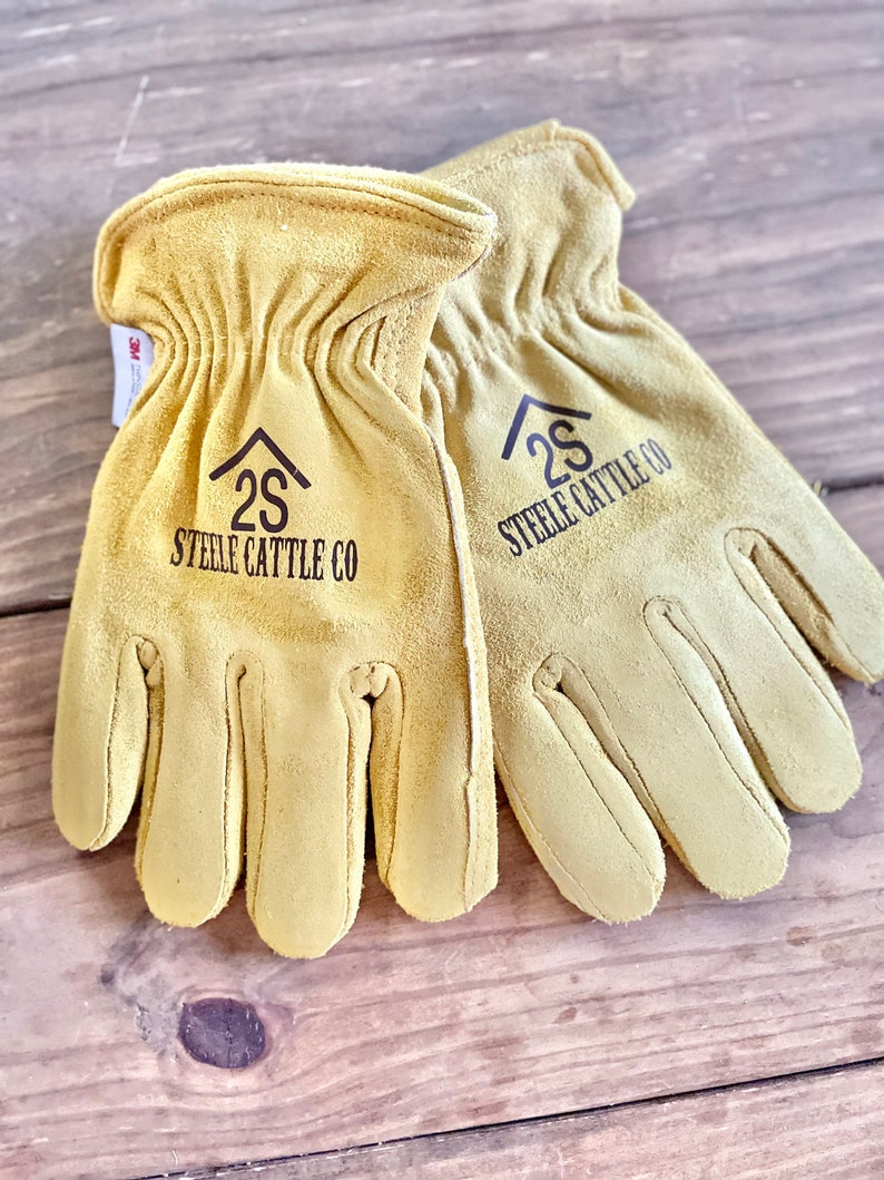 May include: A pair of tan leather work gloves with the logo "2S Steele Cattle Co" on each glove.