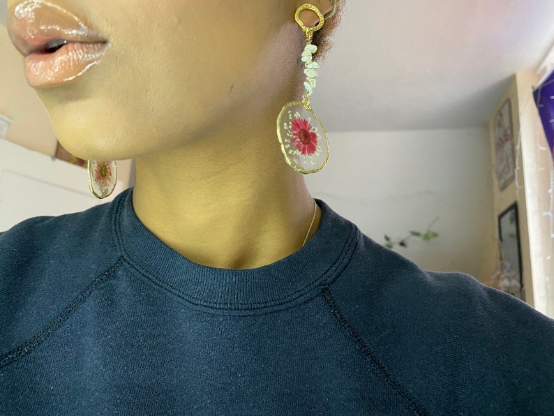 White and Pink Earrings Hammered Gold Post Earrings Pressed Flower Post Earrings With Howlite