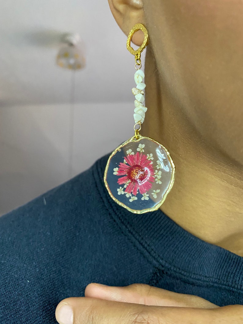 White and Pink Earrings Hammered Gold Post Earrings Pressed Flower Post Earrings With Howlite