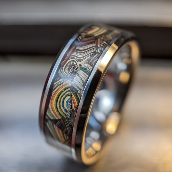 Fordite Ring, Unique Recycled Wedding Band, Mens Handmade Jewelry