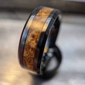 Black Ceramic Ring, Wooden Wedding Band, Ash Burl Wood Inlay
