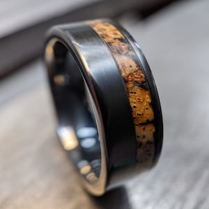 Black Ceramic Ring, Unique Wood Inlay, Handmade Carbide Wedding Band