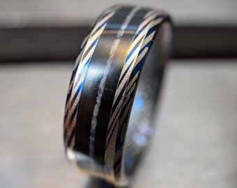 Black Ebony Wood Ring, Blue Damascus Band, Crushed Mother of Pearl Stone Inlay