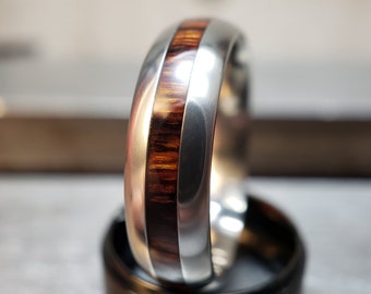 Unique Wood Inlay Ring, Mens Classic Wedding Band, Custom Desert Ironwood Ring