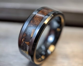Recycled Wood Ring, Mens Wooden Inlay, Custom Flat Wedding Band